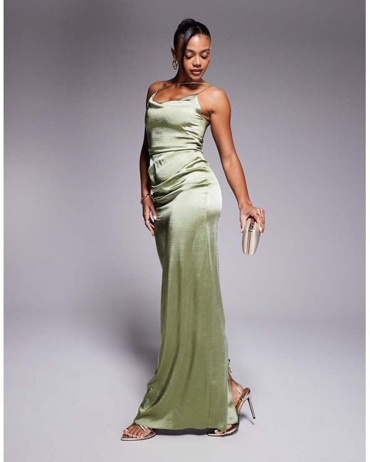 Vesper Green Satin Strappy Maxi Dress With Split