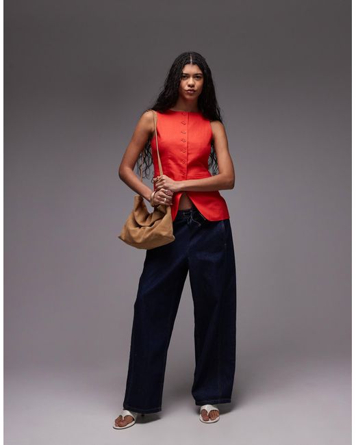 TOPSHOP Red Linen Longline Fitted Waistcoat With Pockets