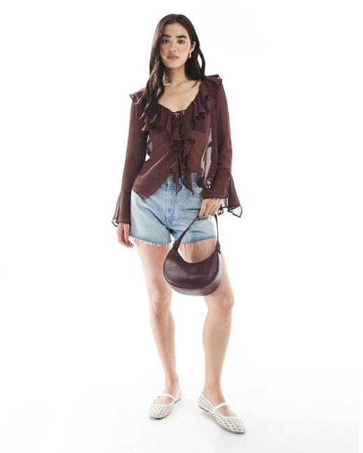 Miss Selfridge Brown Chiffon Ruffle Tie Front Top