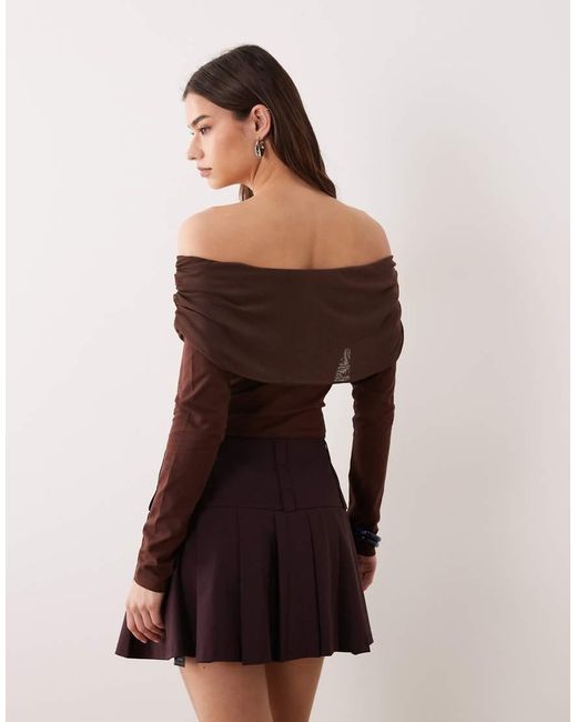ASOS Brown Mesh Bardot Long Sleeve Bodysuit With Cotton Body