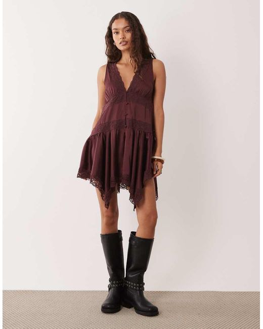 Miss Selfridge Red Boho Satin Lace Insert Hanky Hem Mini Dress