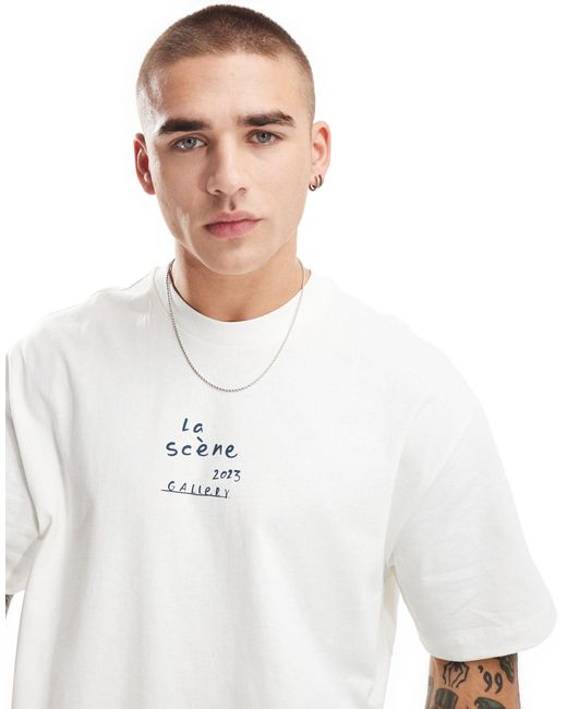 T-shirt squadrata écru con stampa di piante sul retro di Bershka in White da Uomo