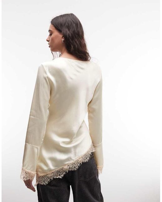 Reclaimed Vintage Natural Asymmetric Satin Blouse With Flare Sleeve