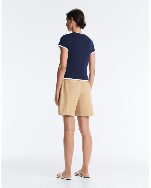 Oysho Blue Cotton Blend Double Rib Effect Short Sleeve T-shirt