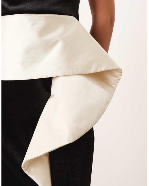 ARRANGE White Structured Curved Velvet Column Midi Dress With Contrast Satin Peplum