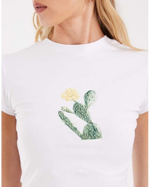 ASOS White Baby Tee With Beaded Cactus Graphic