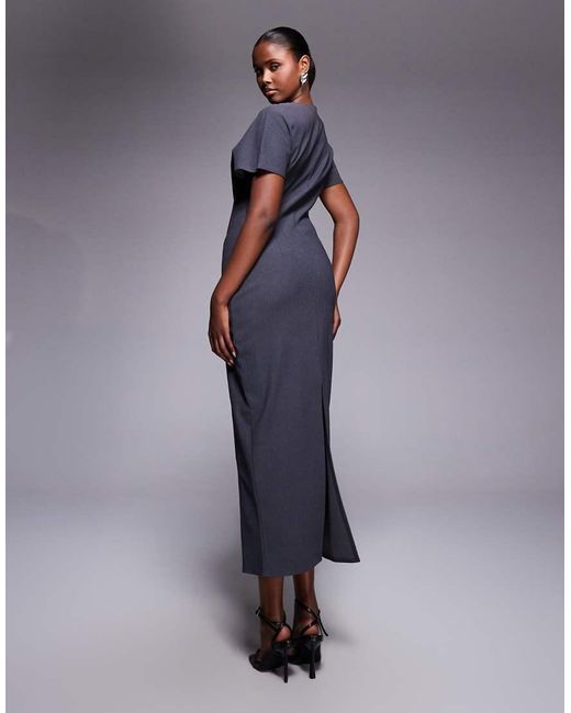 ASOS Blue Structured Short Sleeve V Neck Seamed Midi Dress