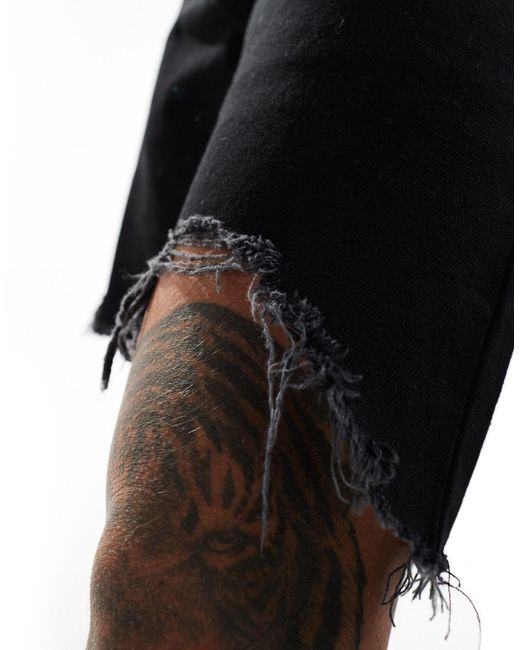 ASOS Black Standard Length Vintage Slim Denim Shorts With Rip Hem for men