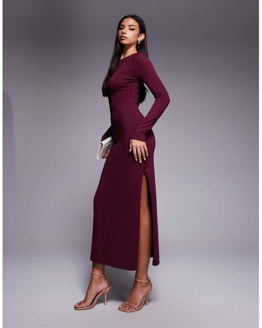 Kaiia Purple Exclusive Knit Slash Neck Long Sleeve Maxi Dress