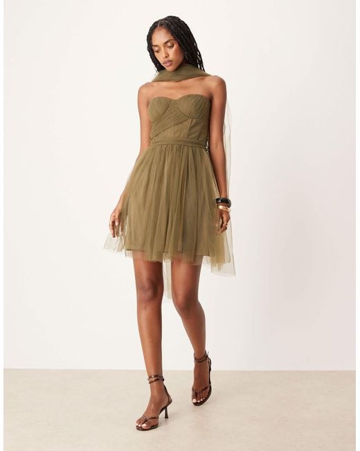 LACE & BEADS Scarf Neck Corset Tulle Mini Dress in Natural | Lyst
