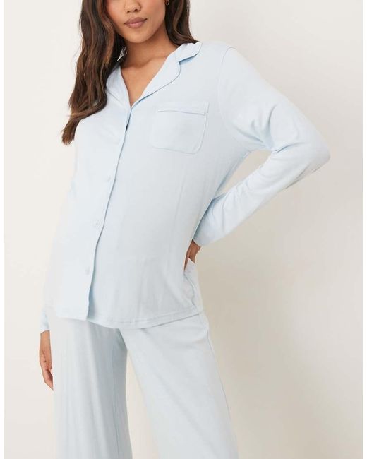 ASOS White Asos Design Maternity Super Soft Long Sleeve Shirt & Trouser Pyjama Set