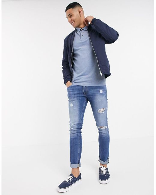 Jack & Jones Blue Essentials Slim Fit Tipped Pique Logo Polo for men