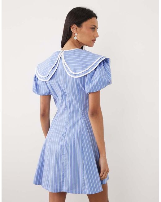 Sister Jane Blue Cotton-look Oversized Collar Puff Sleeve Mini Dress