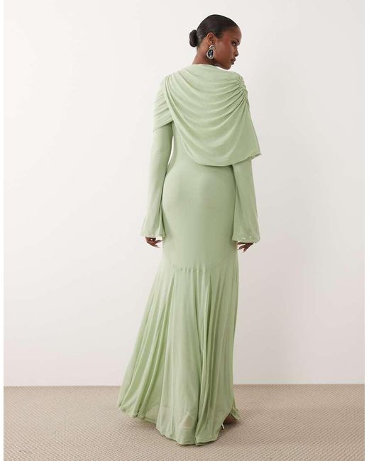 ASOS Green Modesty Mesh Maxi Dress With Overlay Draped Neckline Detail