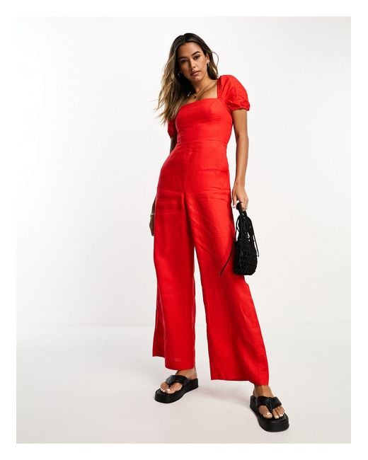 & Other Stories Red Linen Puff Sleeve Jumpsuit