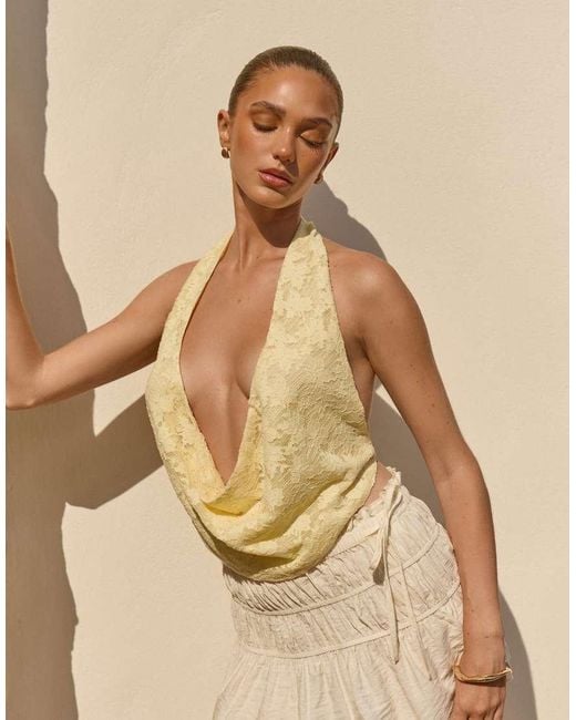 The Frolic Natural Exclusive Textured Jacquard Deep Plunge Cowl Neck Backless Top