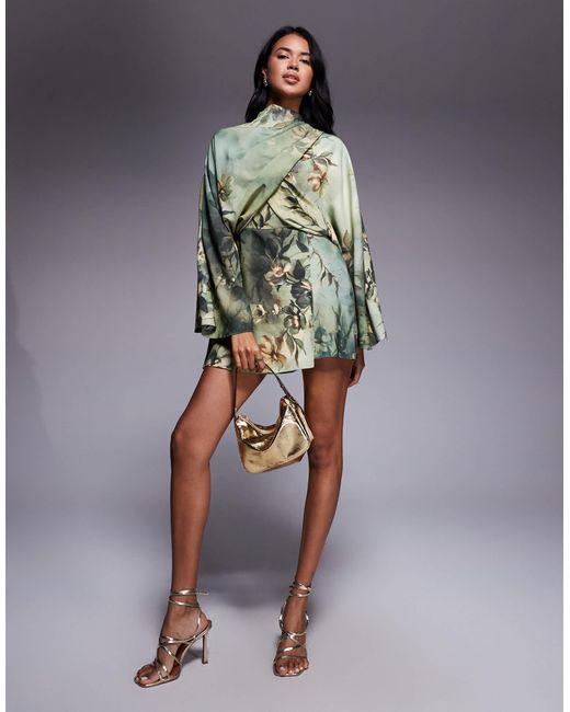 ASOS Multicolor Batwing Wrap High Neck Romper