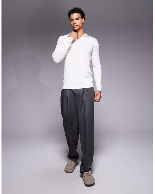 ASOS Gray Muscle Fit Long Sleeve Knitted Rib Polo for men