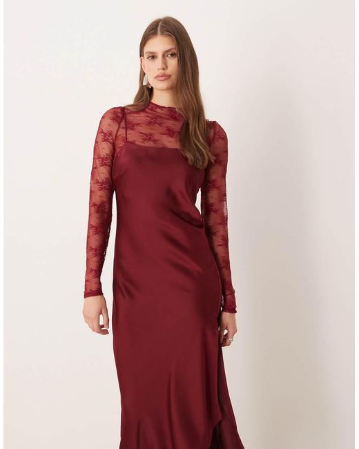 Y.A.S Red Hybrid High Neck Lace Top And Satin Slip Dress