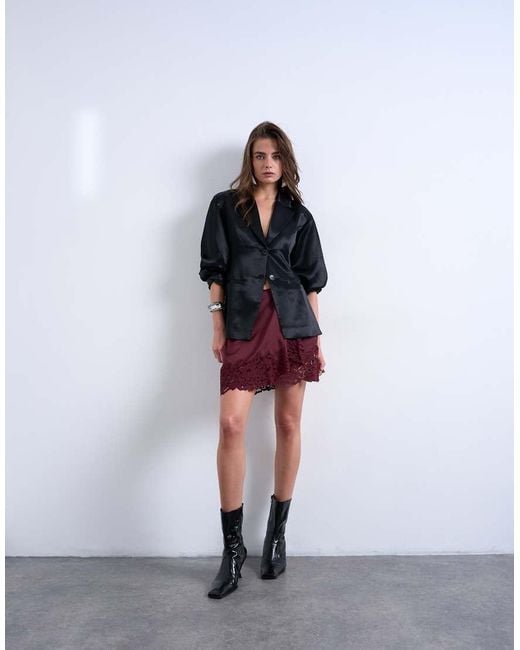TOPSHOP Purple Satin Asymmetric Mini Skirt With Lace Trim