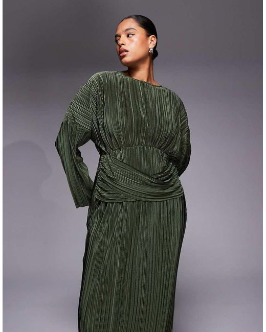 ASOS Green Asos Design Curve Plisse Long Sleeve Drape Waist Midi Dress