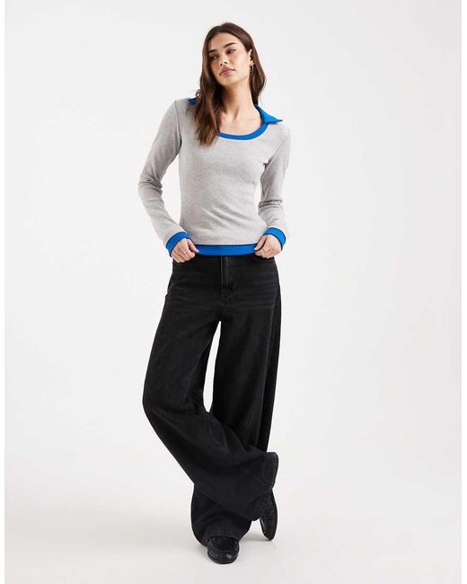 ASOS Blue Collar With Scoop Neck Long Sleeve Double Layer Top