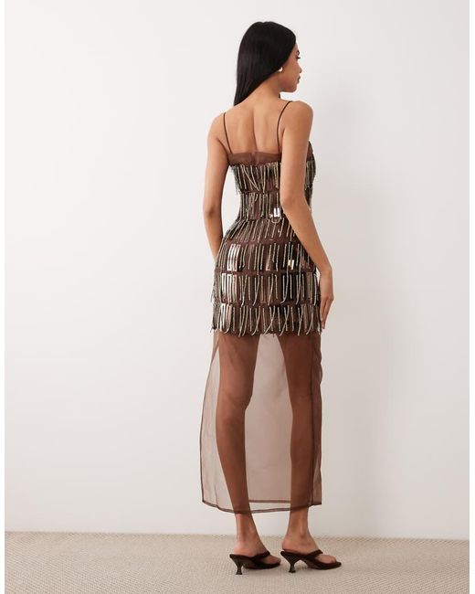 ASOS Brown Cami Embellished Sheer Mix Column Maxi Dress