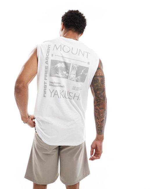 Camiseta blanca extragrande sin mangas con estampado "yakushi" en la espalda Only & Sons de hombre de color White
