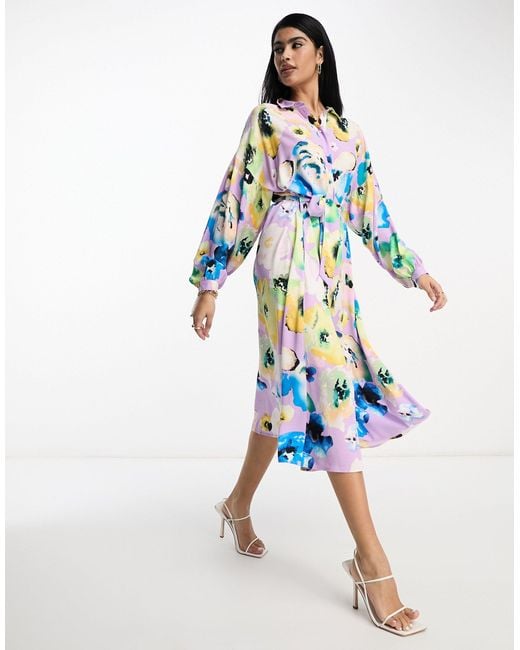 Y.A.S Blue Long Sleeve Shirt Midi Dress With Oversized Blurred -multi