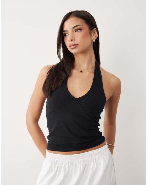 ASOS Black Cotton Plunge Halter Top