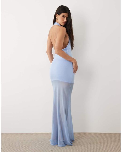 Aria Cove Blue Slinky Plunge Halterneck Sheer Hem Maxi Dress