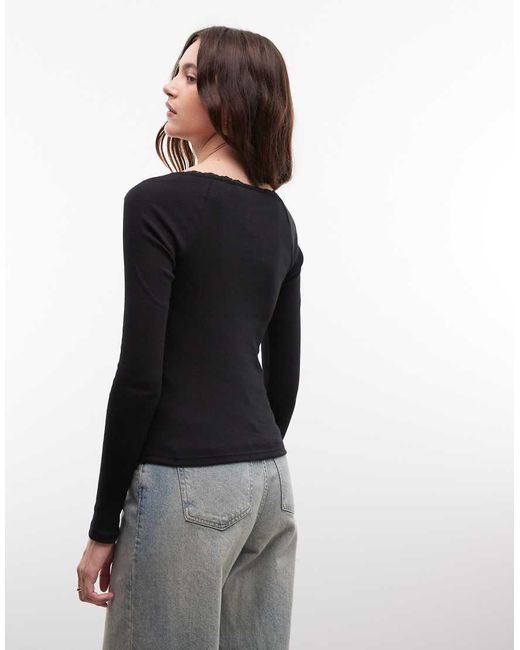 Noisy May Black Long Sleeve Henley T-shirt With Lace Neckline