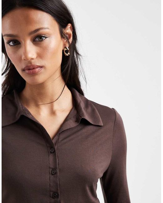 ASOS Brown Soft Semi Sheer Long Sleeve Polo Shirt