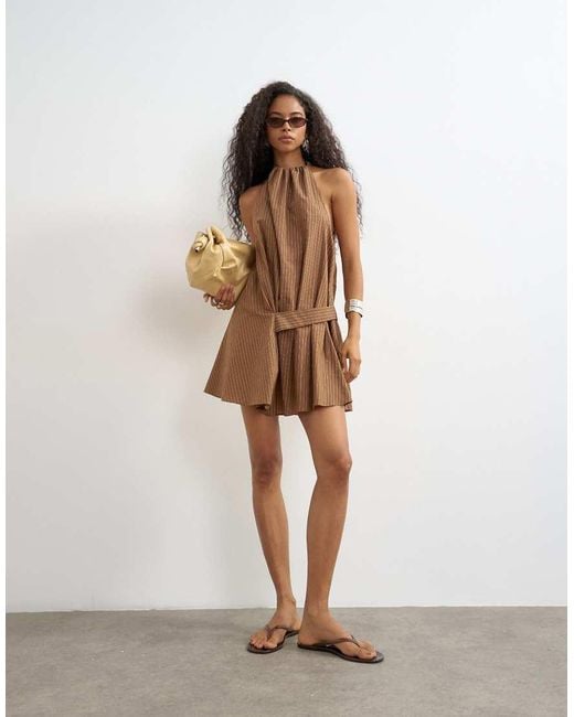 TOPSHOP Natural Halter Gathered Side Mini Dress With Tab Detail