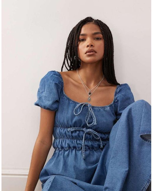 Reclaimed Vintage Blue Chambray Denim Midi Dress With Shirring Details