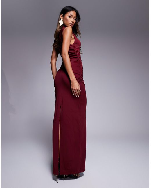 Amaria | Red High-Neck Maxi Dress With Sash-Detail