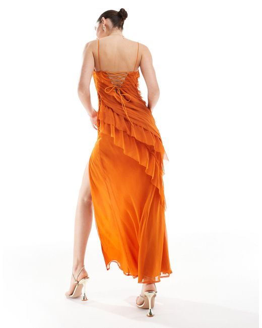ASOS Orange Raw Edge Textured Cami Maxi Dress With Ruffles