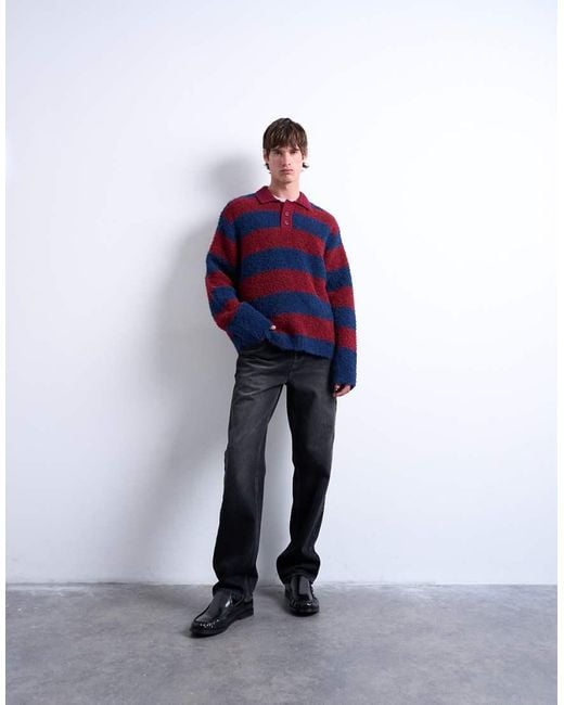Maglione Bordeaux A Righe Stile Polo Vestibilità Comoda di Topman in Blue da Uomo