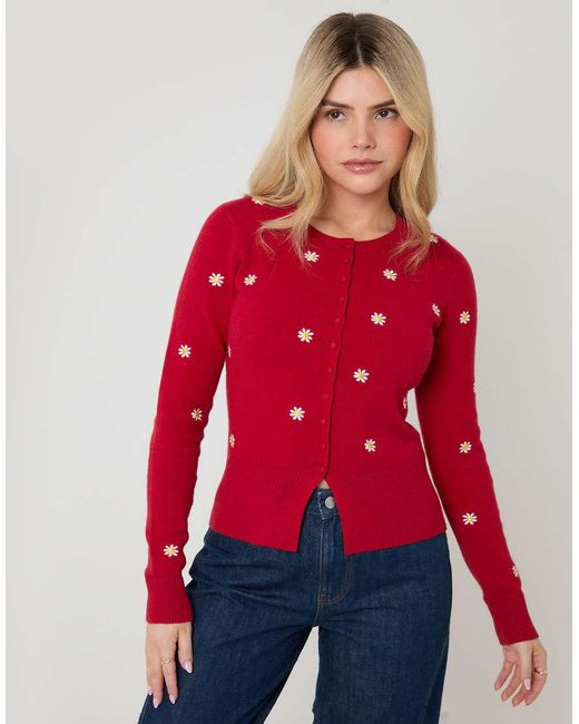 Threadbare Daisy Embroidered Crew Neck Knitted Cardigan