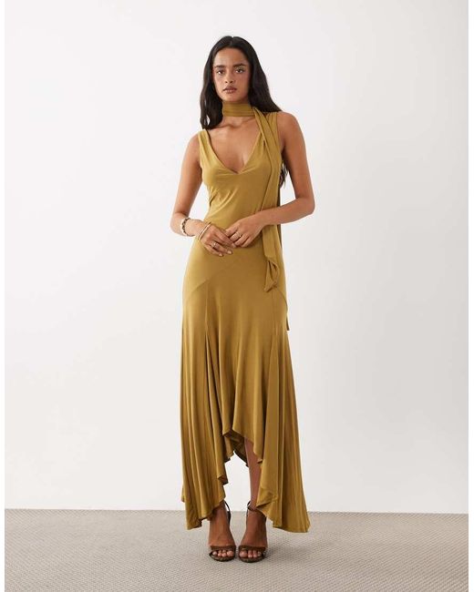 ASOS Natural Scarf Detail Godet Midi Dress