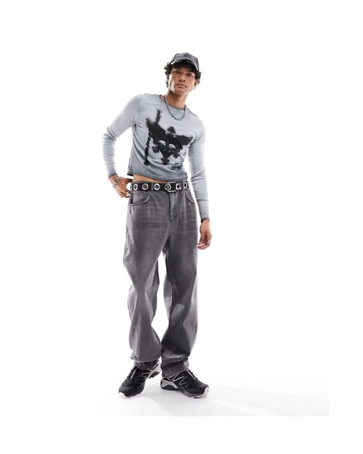 Reclaimed (vintage) Gray Slim Long Sleeve Skate Tee With Y2k Graphic for men