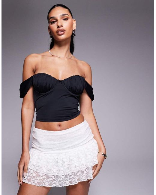Princess Polly Black Candyce Ruched Cup Detail Fallen Shoulder Corset Top