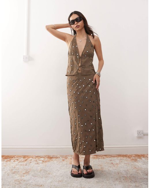 Weekday Brown Co-ord Halter Neck Top With Mirror Sequin Embellishment