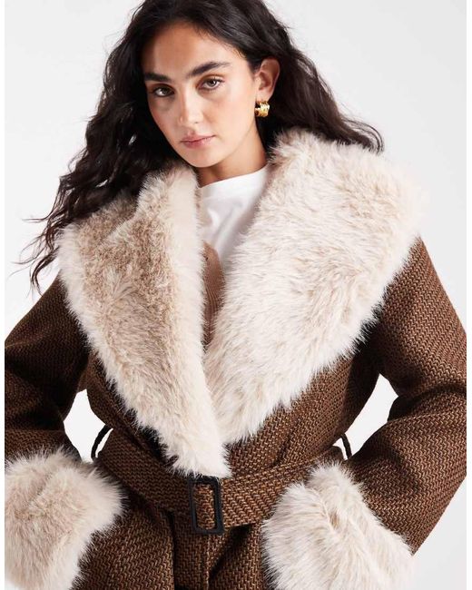 ASOS White Textured Longline Penny Lane Coat With Faux Fur Trim