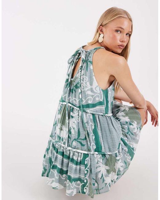 ASOS Blue Halter Neck Tiered Mini Sundress With Chunky Binding