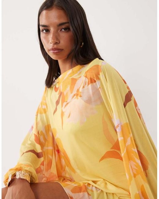 ASOS Yellow Mesh Floral Print Blouson Drape Mini Dress