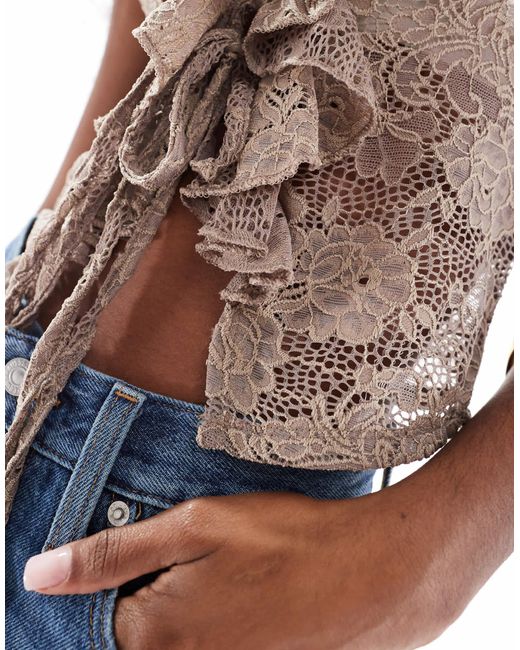 Miss Selfridge Blue Lace Ruffle Tie Front Sleeveless Top