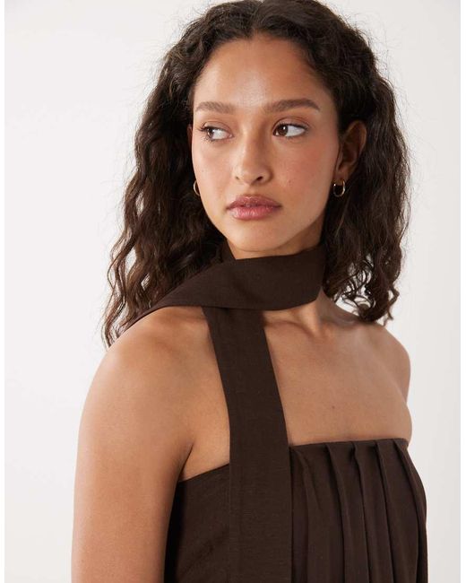 ASOS Natural Bandeua Pleated Trapeze Midi Dress With Scarf Detail
