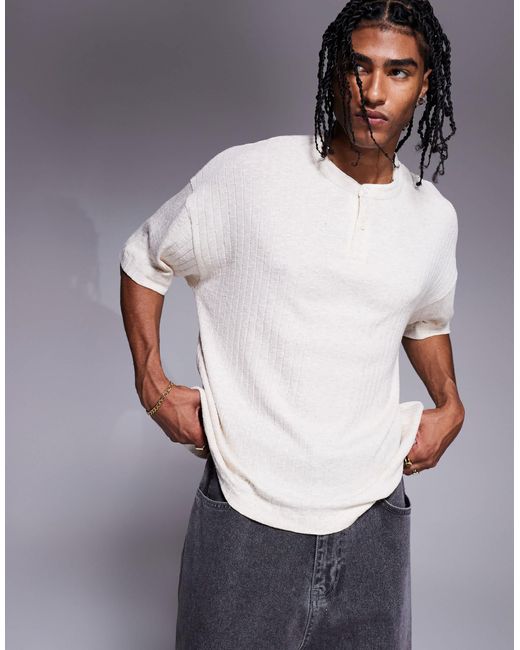 T-shirt oversize coupe carrée aspect lin à col tunisien - crème ASOS pour homme en coloris Gray
