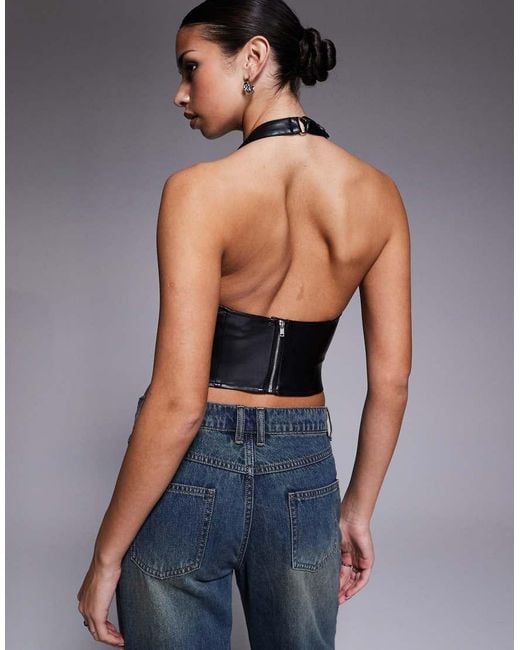 I.AM.GIA Blue Altair Leather Look Plunge Halterneck Drape Detail Top